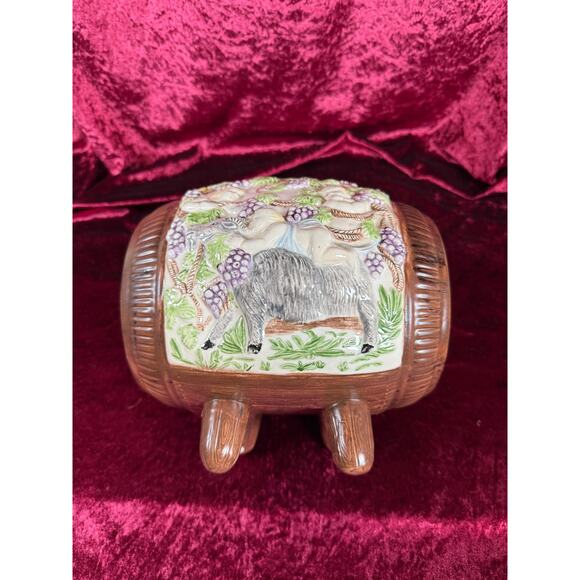 Vintage Pottery Mid Century Wine Barrel Keg Decanter Putti, Bacchus, Goat Relief - Picture 10 of 12